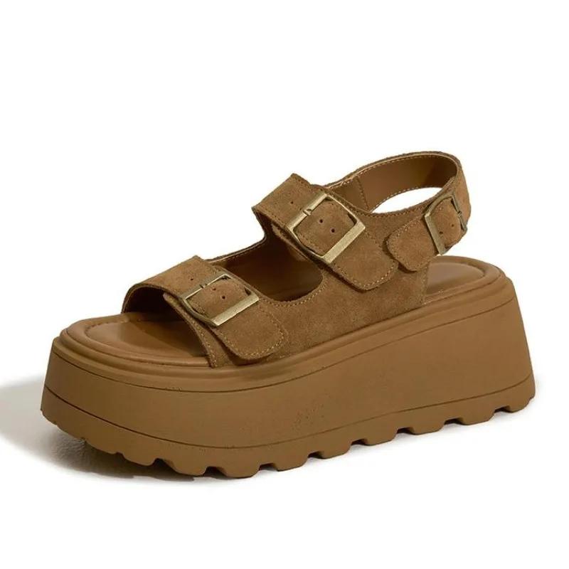 

Мода Высокое качество 7 см Замшевая кожа Высокий бренд Платформа Тапочки на танкетке Летние Массивные Кроссовки Сандалии Удобные С открытым носком Модная обувь Женская 40