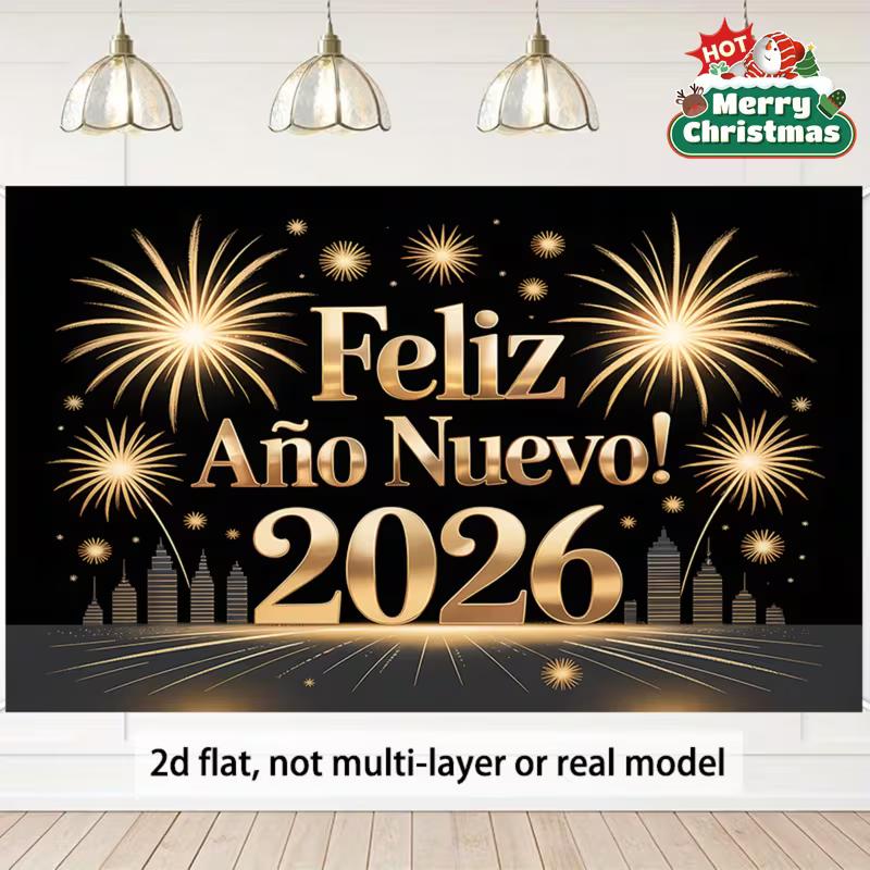 

2D Spanish Happy New Year 2026 Backdrop Gold City Skyline & Fireworks for Holiday Photoshoot 47.2x31.5inch/120*80cm