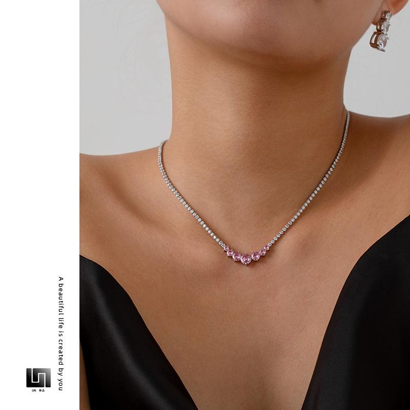 Versatile Pink Cubic Zirconia Pendant Necklace - Minimalist Round Design, Sweet Women's Clavicle Chain Choker