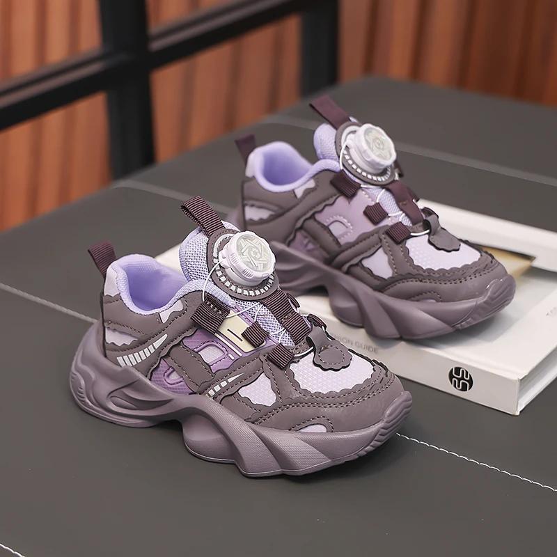 

Студенческие кроссовки с вращающейся кнопкой, детские кроссовки, модная толстая мягкая подошва, новая мода 2024, спортивная обувь для девочек, нескользящая 26 фиолетовый