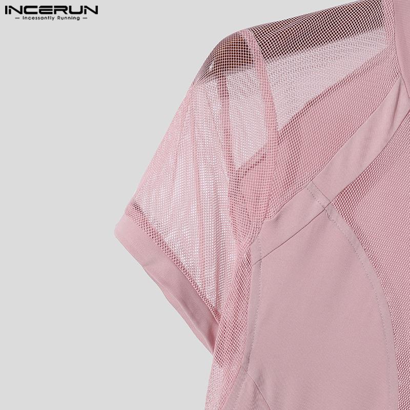 INCERUN Pánské letní tričko s krátkým rukávem síťované průhledné tričko Patchwork Party Clubwear Tops