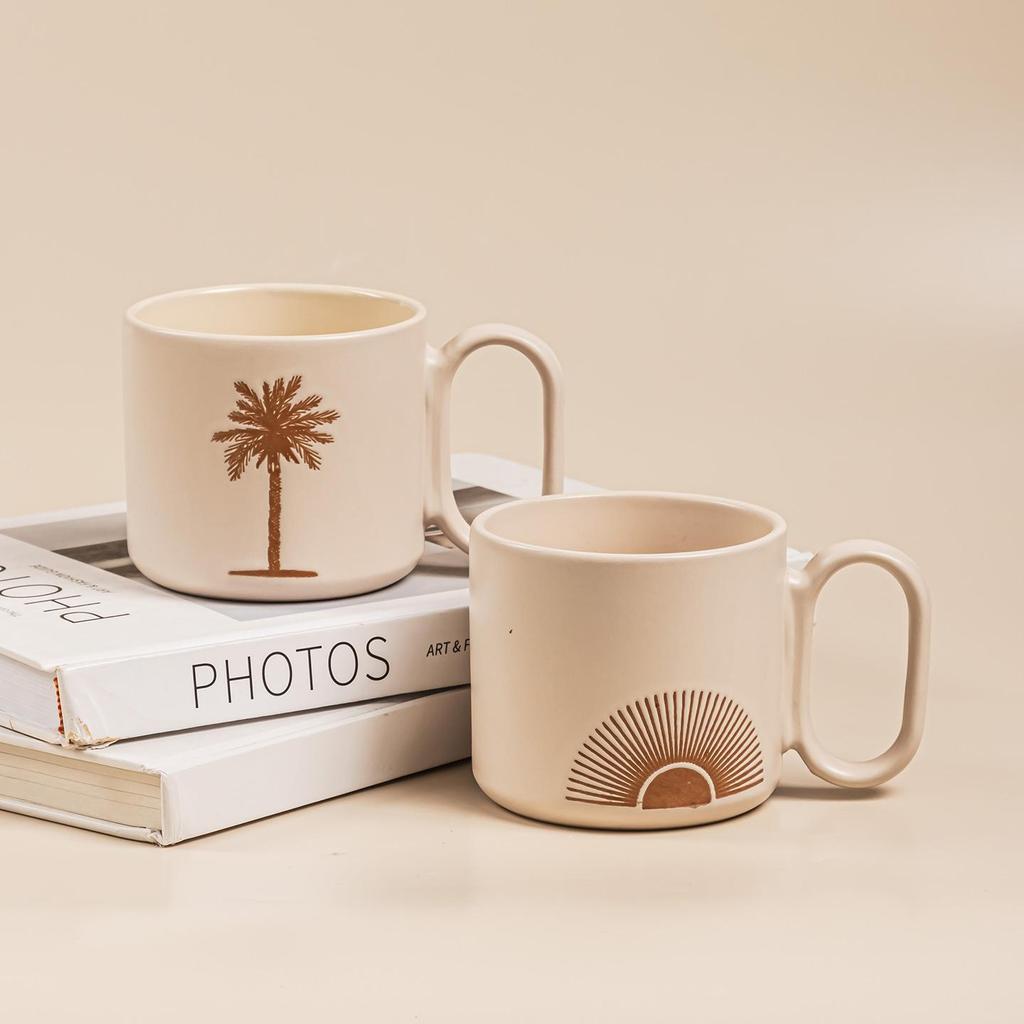 390ml Boho Ceramiczny Kubek Wzór Palma/Wschód Słońca Bezpieczny w Kuchence Mikrofalowej