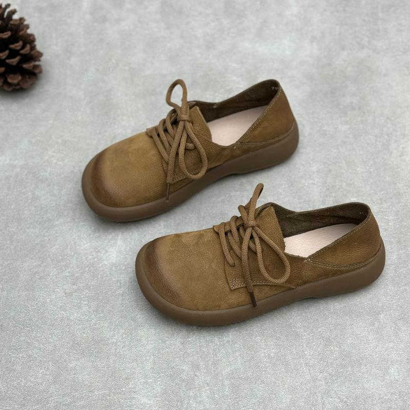 Johnature Genuine Leather Women's Shoes Retro Round Toe Soft Soled Lace Up Versatile Shoes