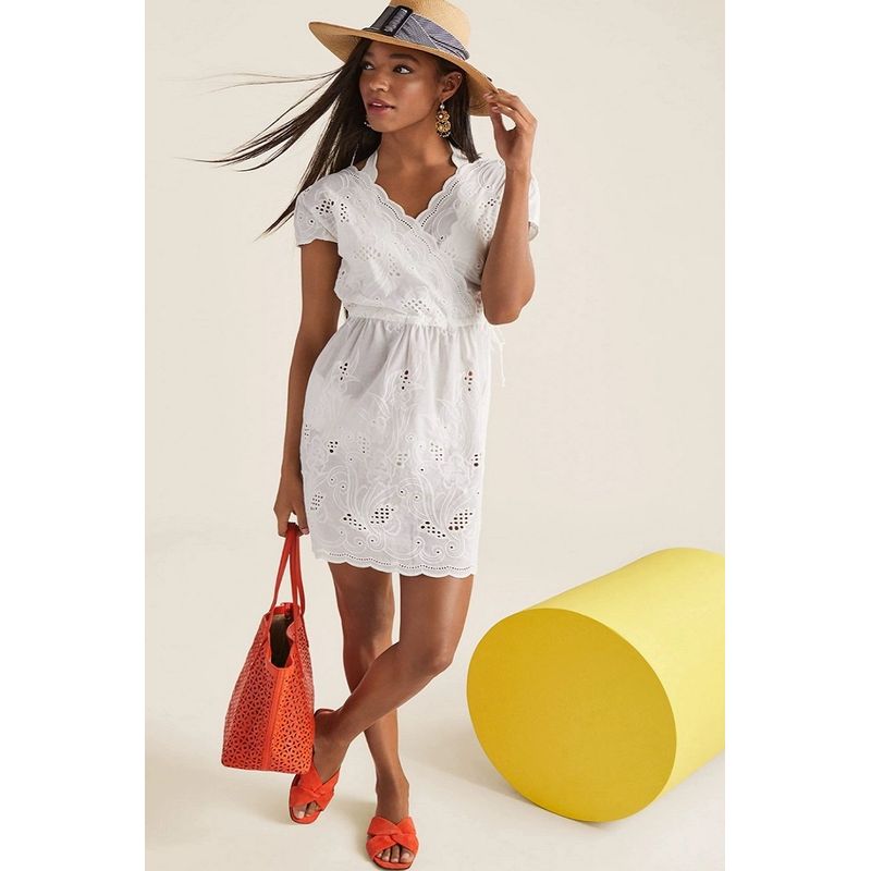 

Woven Cotton Dress Beach Short Sleeve Versatile Embroidery Milky White M