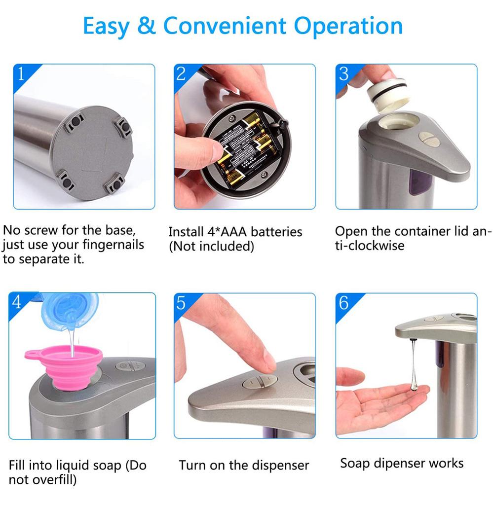 Automatic Soap Dispenser Touchless Soap Dispenser 250ml Battery Powered Electric Adjustable Stainless Steel Dispenser