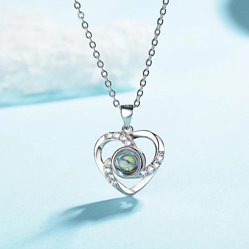 Love Heart Projection Necklace 100 Languages I Love You Pendant Jewelry for Girlfriend Couple Romantic Fashion Accessories Gifts