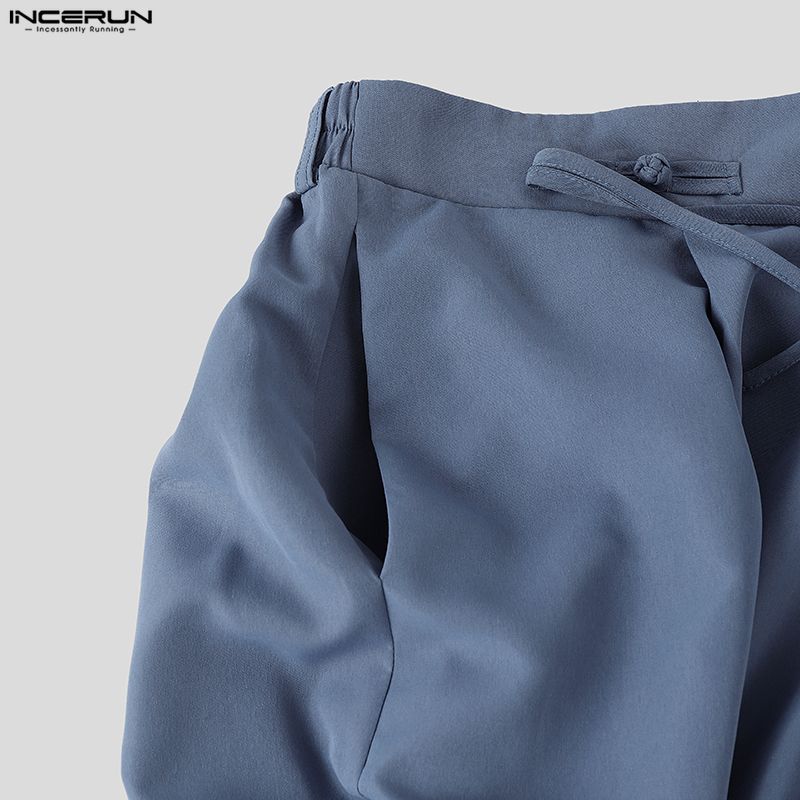 INCERUN Men High Waist Back Elastic Pockets Casual Long Wide Legs Trousers Pants