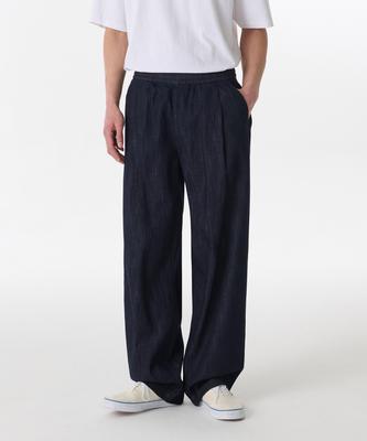 Linen-Like One-Pleat Wide Elastic Denim Pants [Deep Indigo]