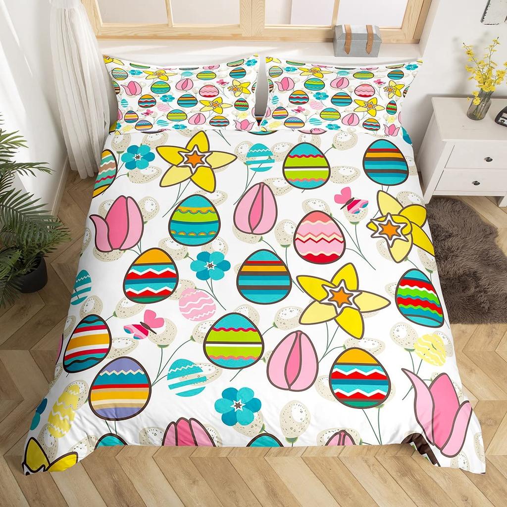 Watercolor Easter Eggs King Queen Bedding Set Happy Easter Themed Duvet Cover Toddlers Rainbow Easter Egg Polyester Quilt Cover
