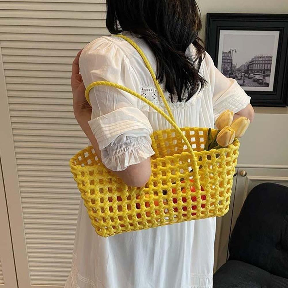 Large Capacity Hollow Out Tote Lightweight Handmade Handbag Woven Basket Bag  Poolside Picnic