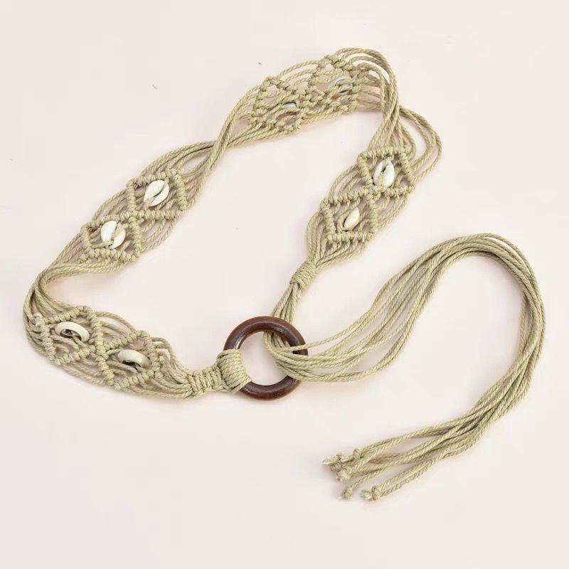 Retro Ronde Gesp Geweven Brede Riem Damesrok Eenvoudig Veelzijdig Decoratieve Jurk Franje Touw Tailleketting Accessoires kaki