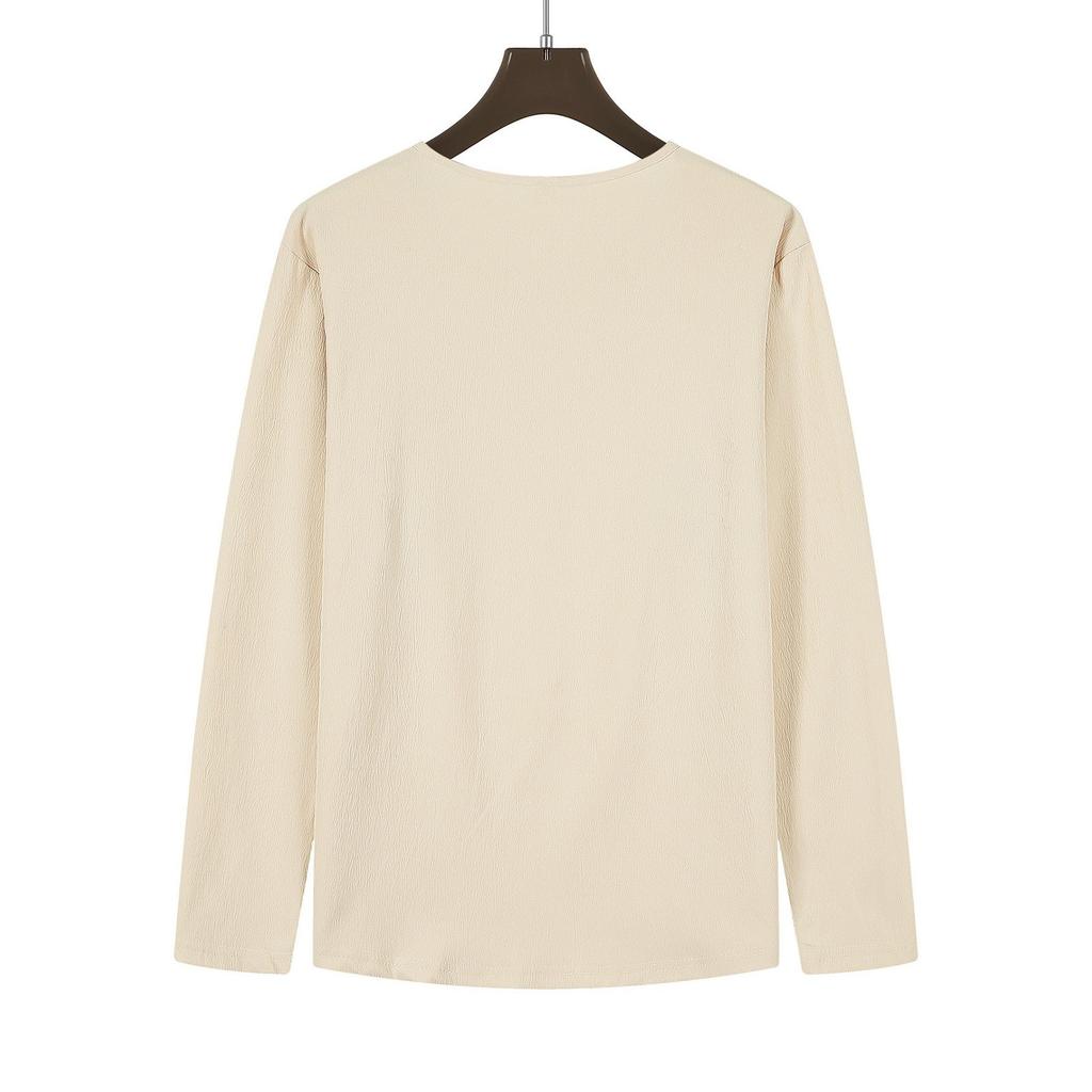 Men's Summer Solid Color Cotton And Linen V-neck Loose Long Sleeve Tops Men's Casual Fashion Long Sleeve Tops