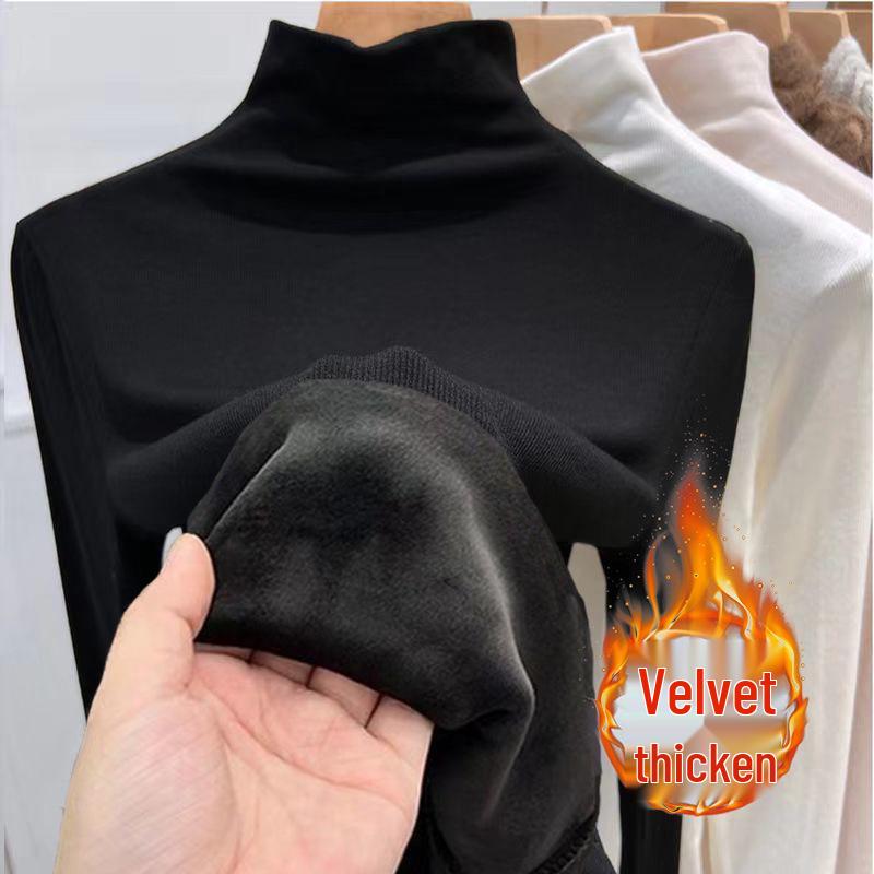 2024 Korean Style Warm Long-Sleeve Turtleneck Plus Velvet Women’s Base Layer Top