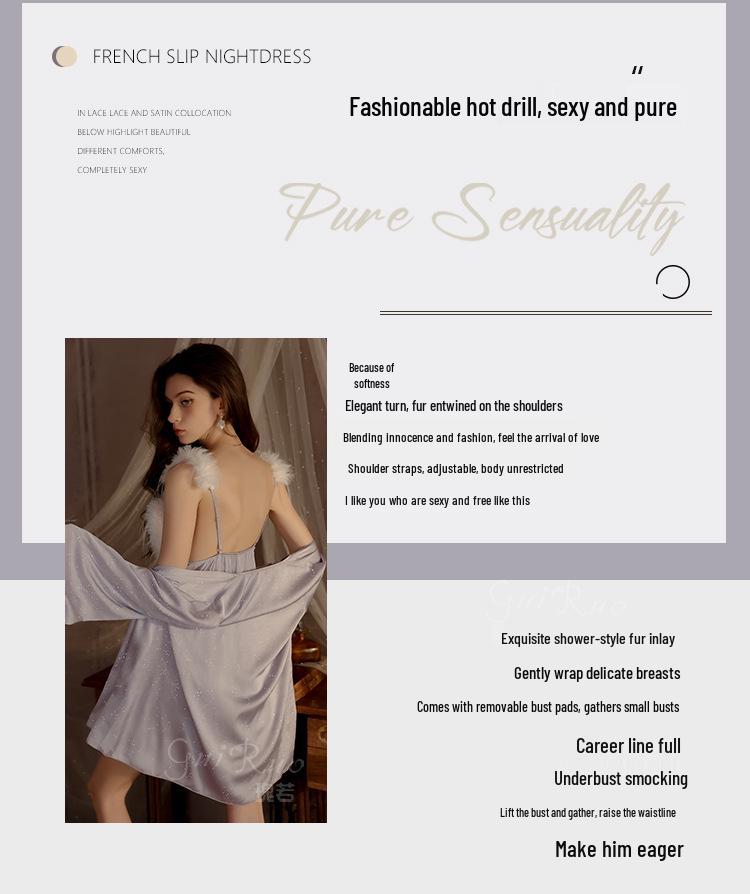 Guiruo Silver Padded Lingerie Set - Sexy Plus Size Camisole Nightgown & Robe 4419