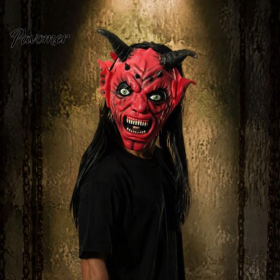 Máscara de Diablo para Halloween Máscara de Satán, Disfraz Realista de Cabeza Completa de Látex con Accesorios Largos y Escalofriantes de Cuernos Rojos y Colmillos, Accesorios de Fiesta de Cosplay Aterradores