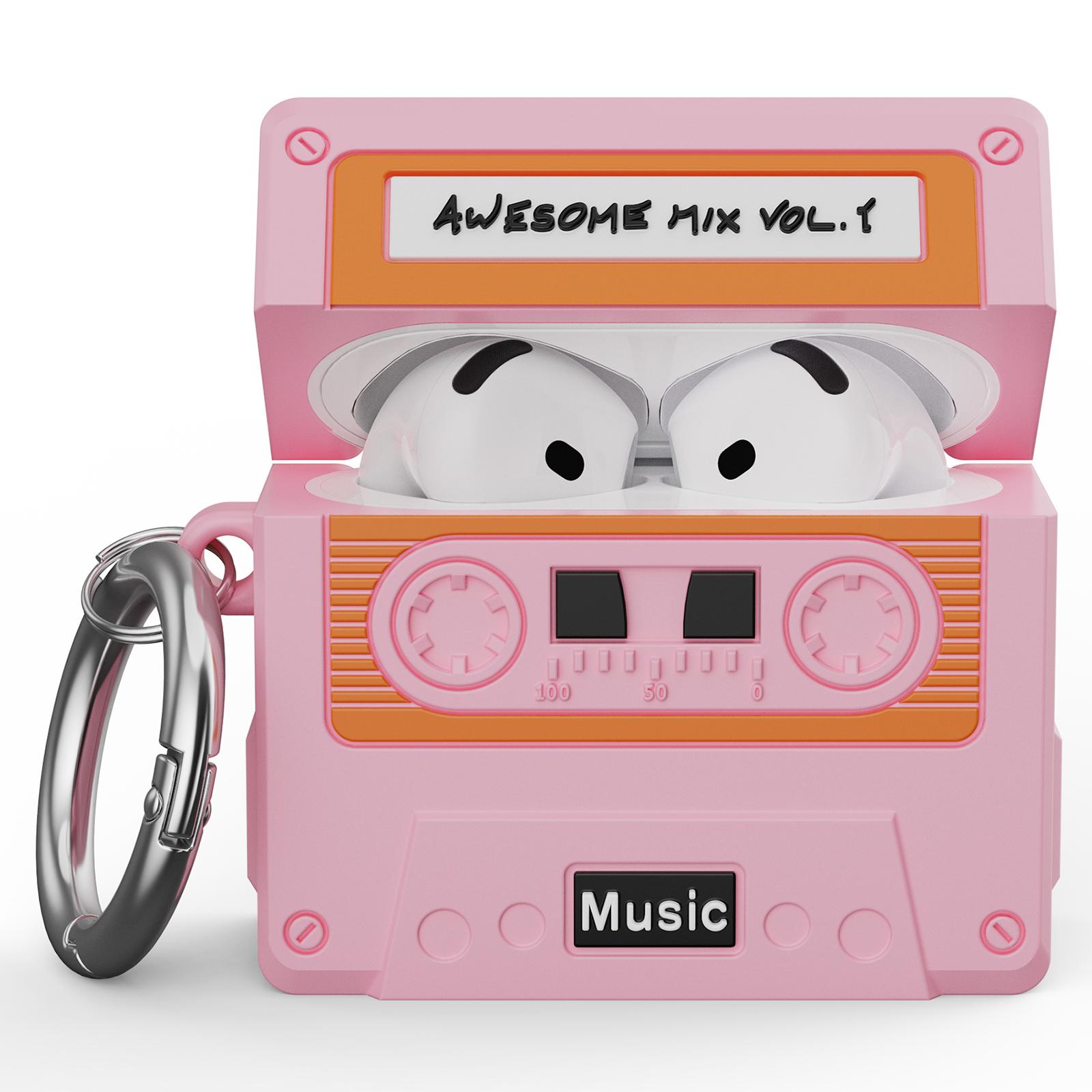 

For AirPods 4 Bluetooth-compatible Earphones Case Cassette Tape Design Silicone Cover with Carabiner Pink