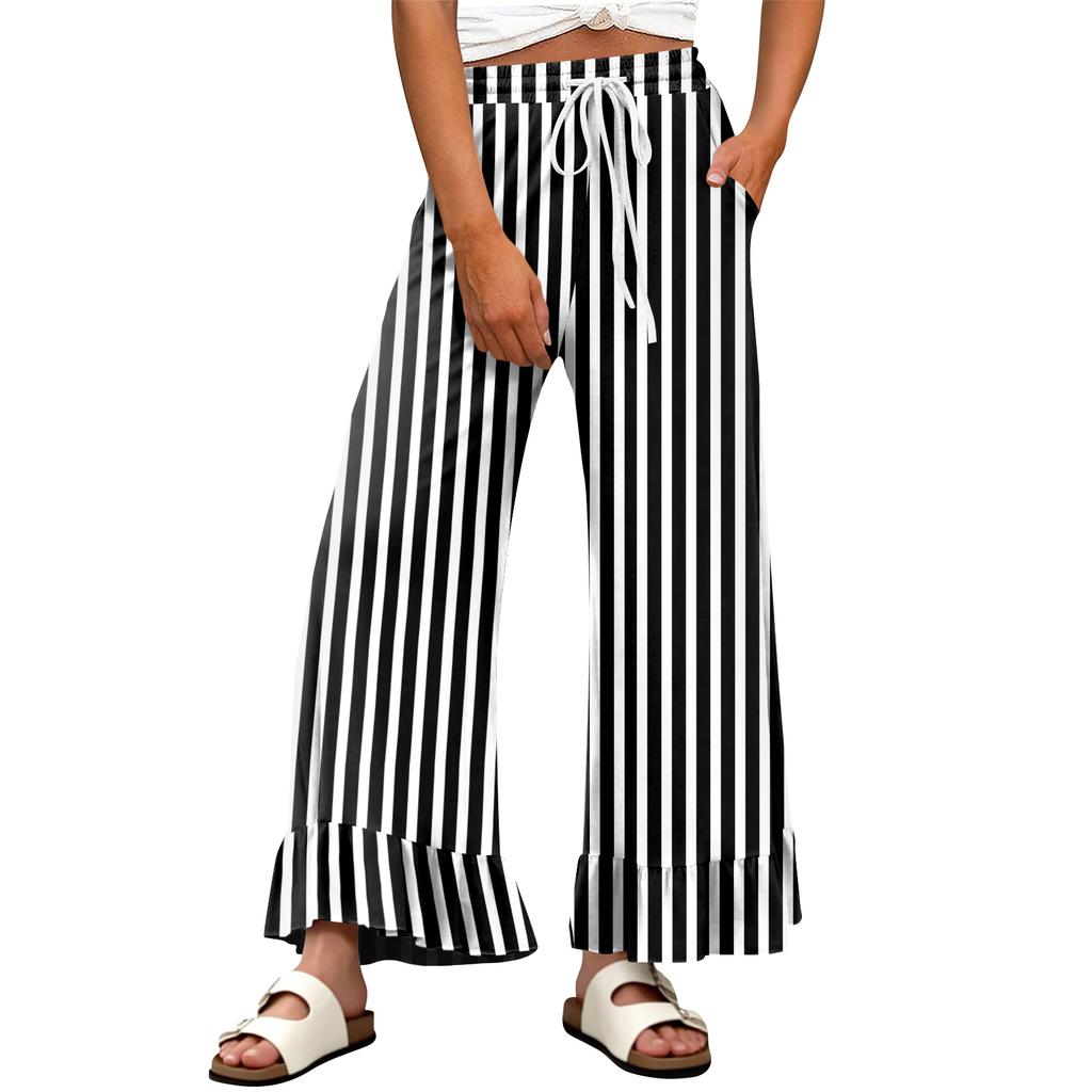 Women's Wide-Leg Casual Pants With Drawstring, Stretch, High Waist, Ruffled Hem, Wide Legs, Belted, And Pockets