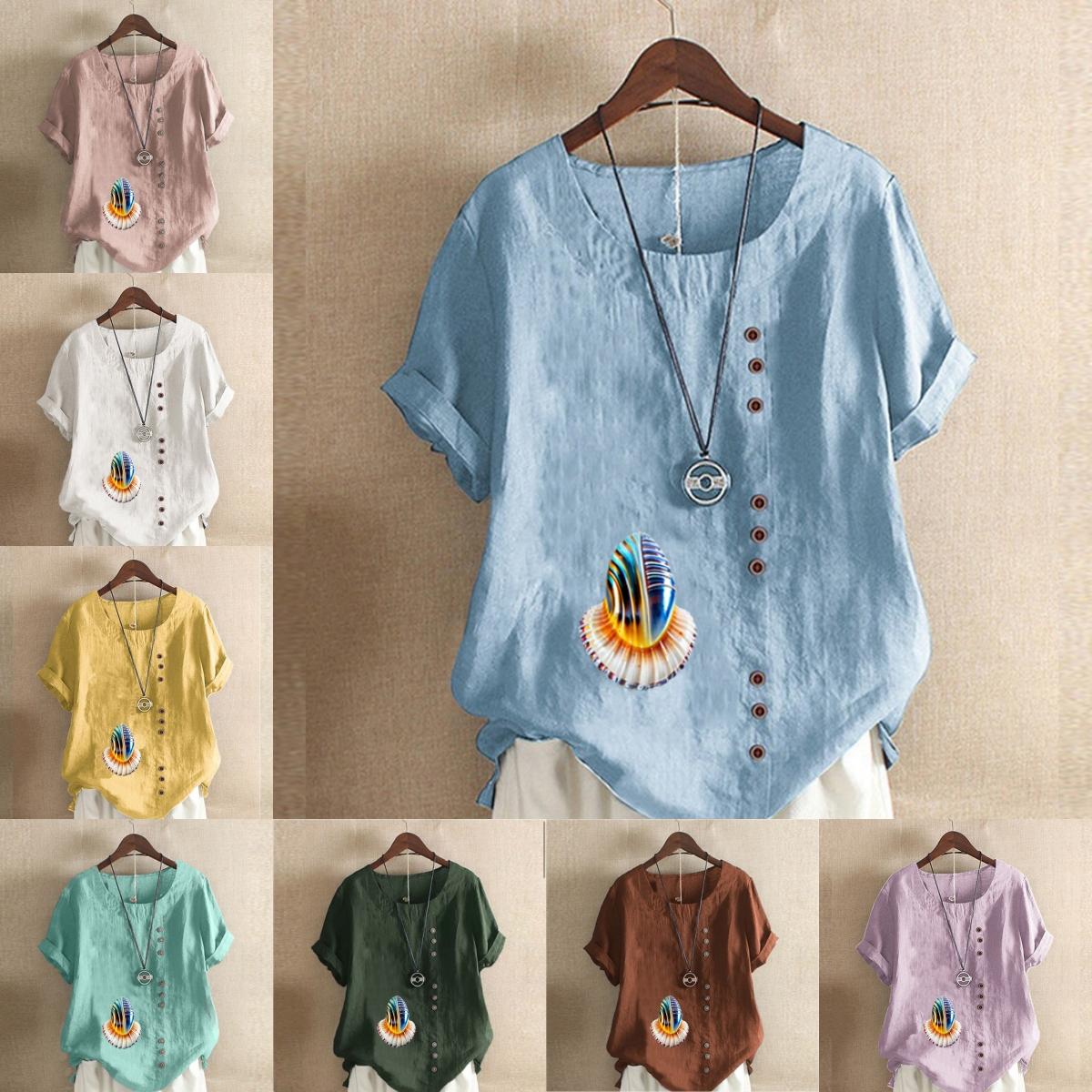 

Women s Fashion Round Neck Short Sleeve T-shirt Casual Cotton Linen Graphic Shirt Leisure Loose Shell Prined Summer Blouse Tops Plus Size
