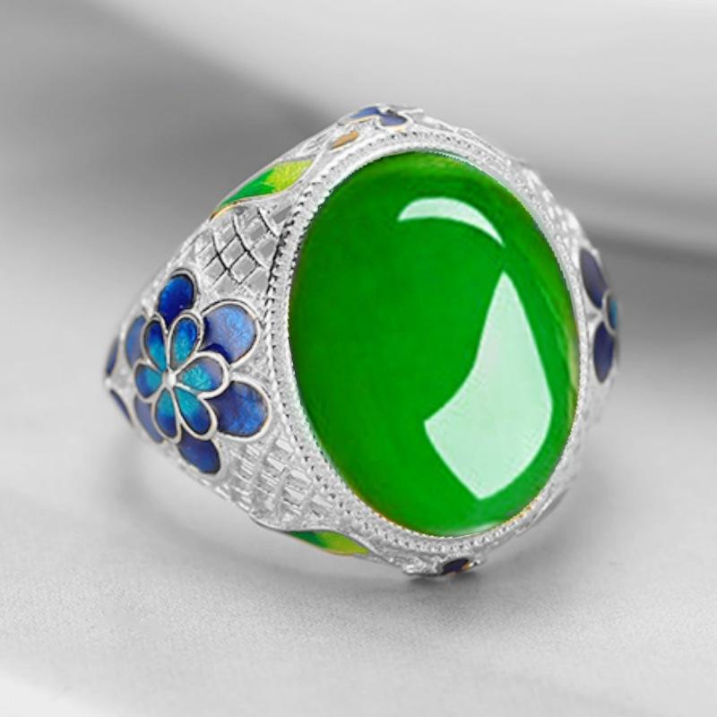 

2026 Open-plated Cloisonne Green Jade Ring, Green Agate Retro Court Style Gift Ring for Mother Resizable