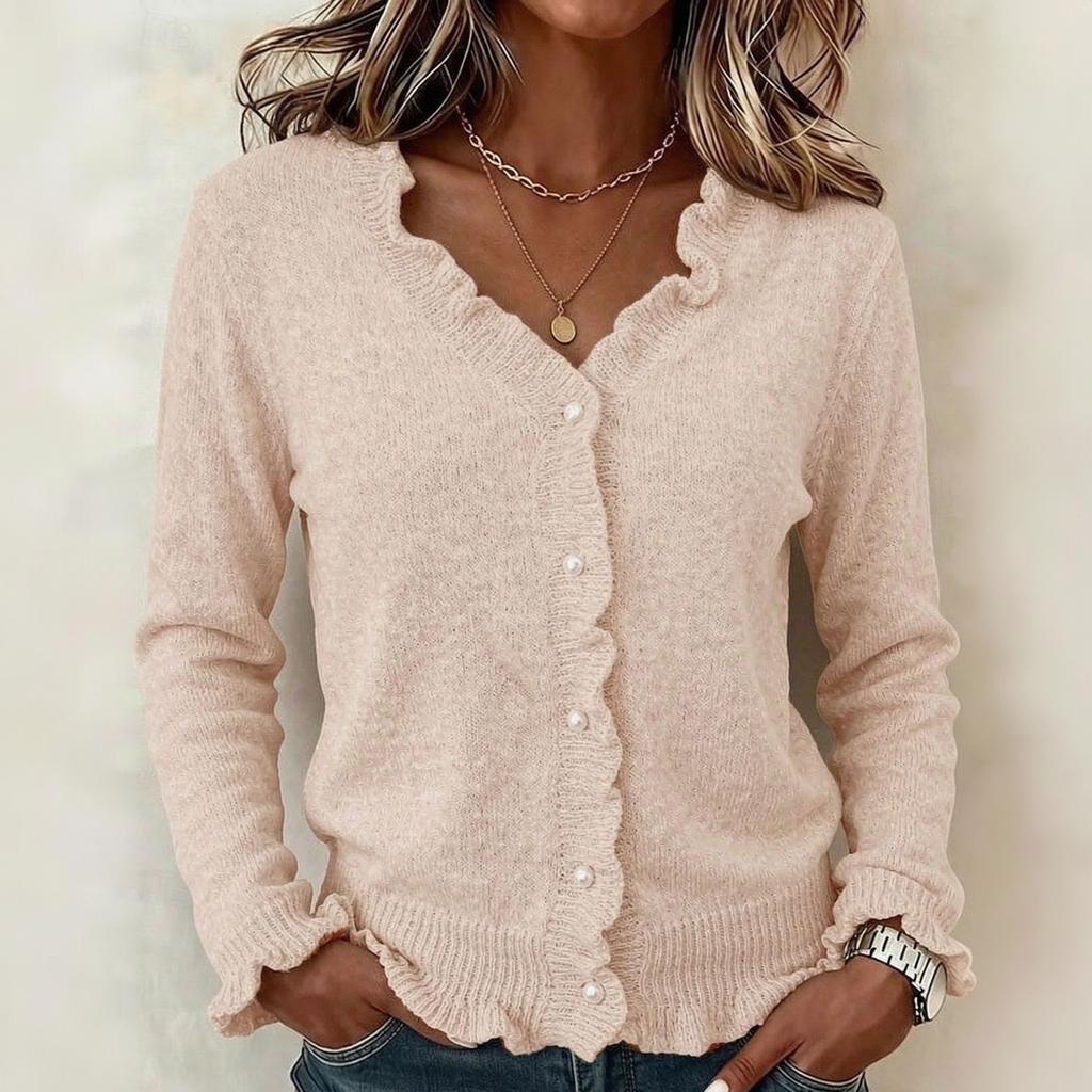 Women's Elegant Color Long Sleeve Cardigan Sweater with Ruffle Trim Button Front