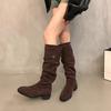 French Thick Heel Apricot Suede Piled Boots Women's Shoes 2025 New Spring and Autumn Winter Versatile Thin Long Boots