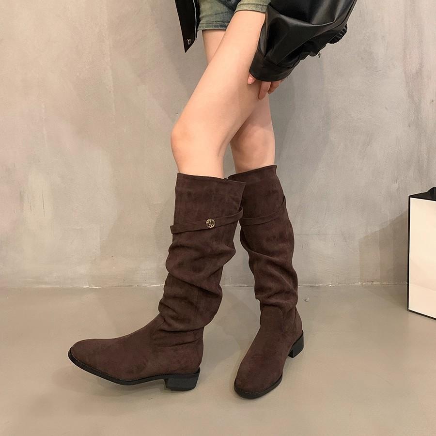 French Thick Heel Apricot Suede Piled Boots Women's Shoes 2025 New Spring and Autumn Winter Versatile Thin Long Boots