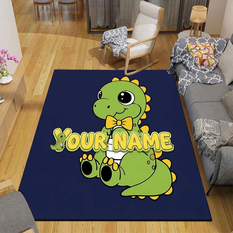 Custom Name,Cute Cartoon Dinosaur Home Sofa Decoration for Living Room & Bedroom, Non‑Slip Play Flannel Floor Mat for Game Room