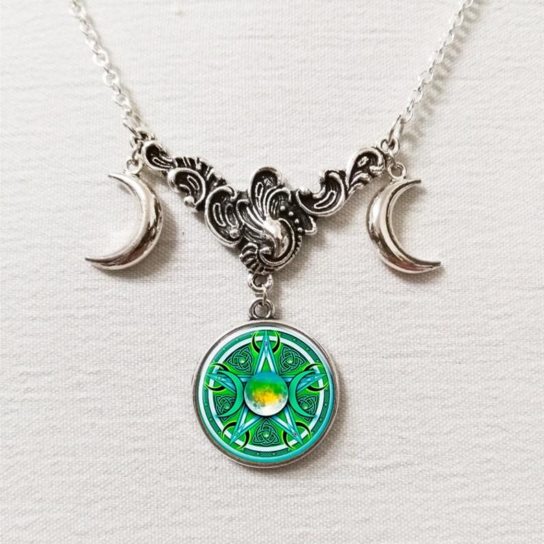 Retro Fashion Sliver Color Triple Moon Goddess Crescent Moon Crystal Glass Pendant Necklace for Women Amulet Charm Jewelry Gifts