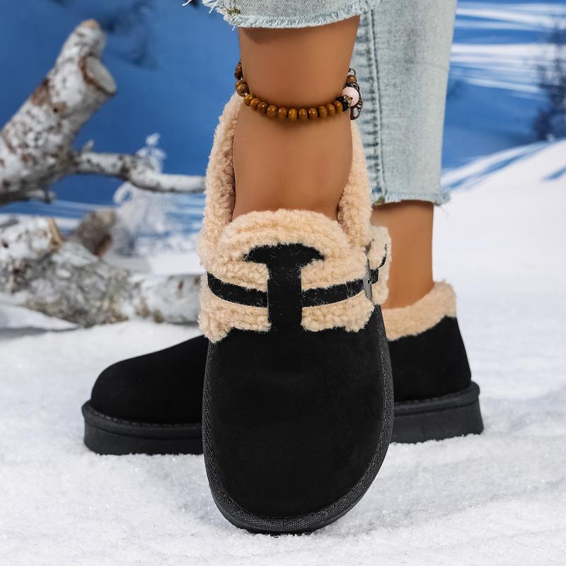 Soft Thick Bottom Furry Casual Shoes Women 2025 Winter Warm Short Plush Flats Shoes Metal Buckle Non Slip Snow Boots for Woman