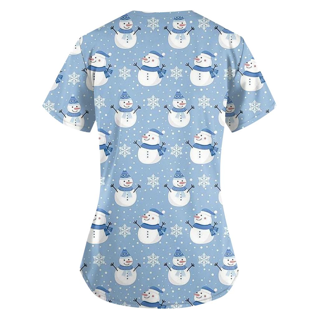 Plus SizePrinted Scrub Working Uniform Tops For Women's Cross V-Neck Print Short Sleeve Fun T-Shirts Workwear Tee With Pockets