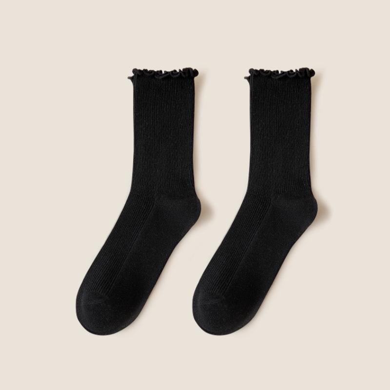 Women's Mid-Tube Wood Ear Edge Socks - Summer Thin Black & White Long Socks for Loafers