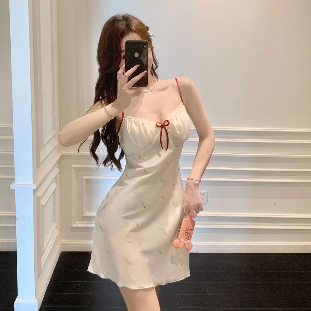 Sexy Pajamas Women's Ice Ribbon Chest Pad Printing Pure Desire Wind Silk Suspender Pajamas New Loungewear