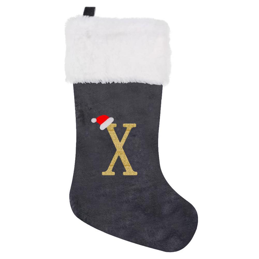 2026 Christmas Decorations: Grey Velvet Embroidery Letter Stocking Gift Bag