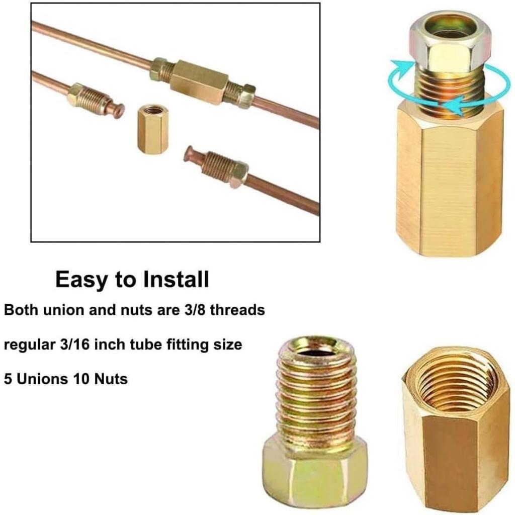 3/16 Brake Line Fittings - Premium 3/8' - 24 Threads Brake Fittings Assortment for 3/16' Brake Line Tube (6 Unions, 12 Nuts) 18 PCS