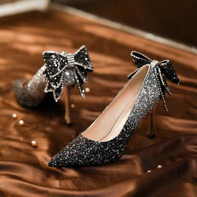 Fashion 2025 New French Bow Pumps Gradient Crystal Sequin Senior Sense Bridal Wedding Shoes Bridesmaid Shoes Dinner Shoes