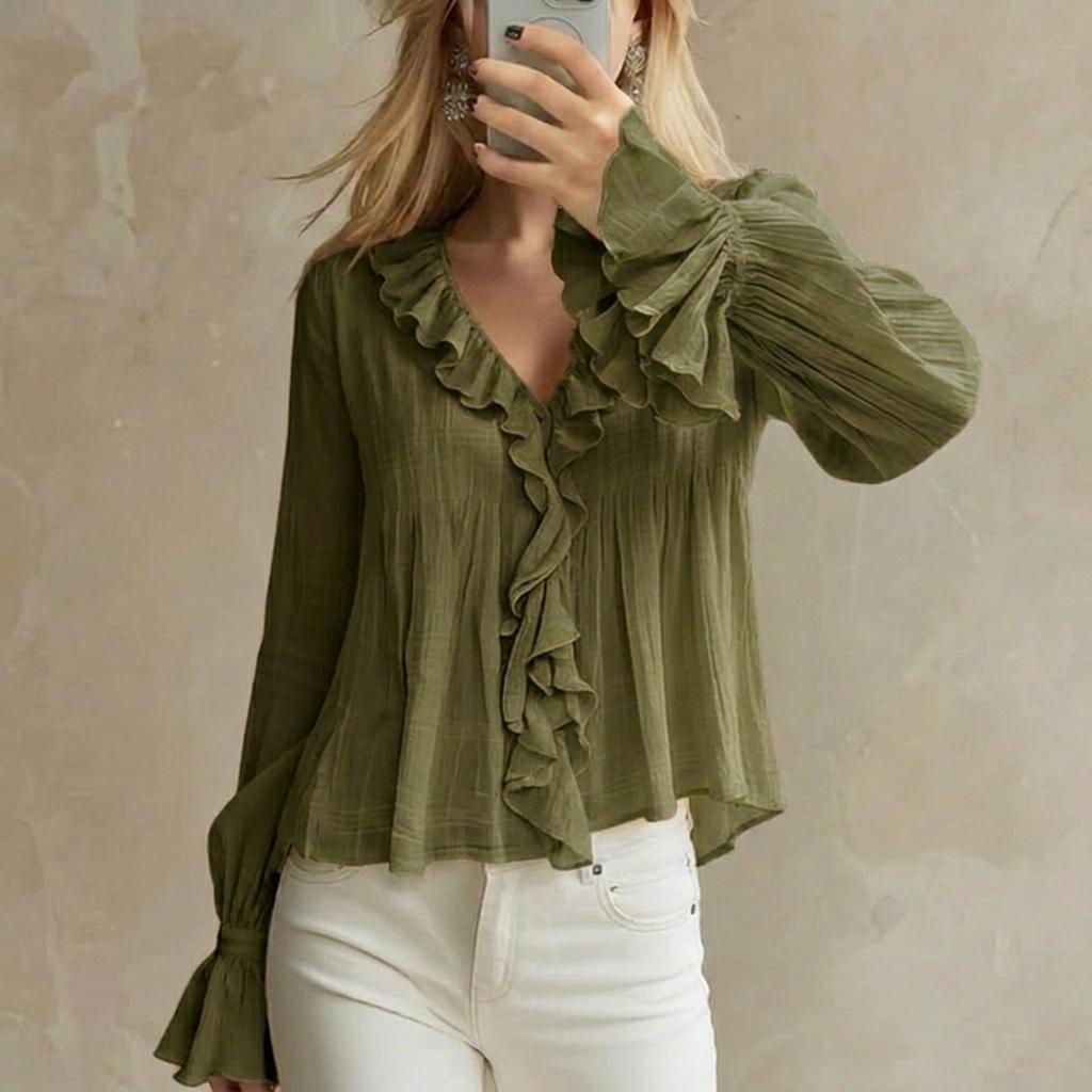 Damen Langarm Casual Bluse Lockerer Schnitt Rüschenbesatz V-Ausschnitt Hemd Glockenärmel Leichtes Oberteil für den Alltag