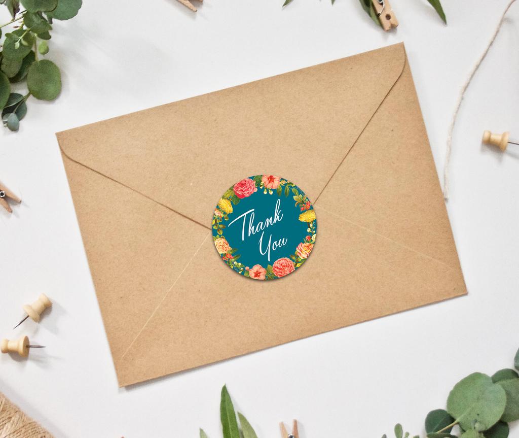 Darling Souvenir 45 Pcs Round Wedding Envelope Seal Black Floral Wreath Thank You Stickers-1.6