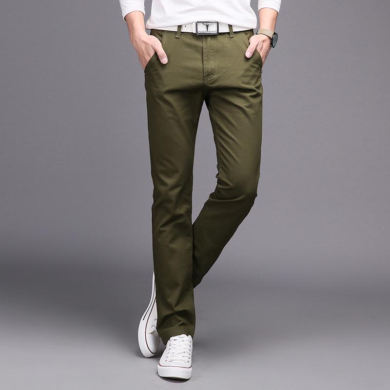 

Чоловічі весняно-осінні чоловічі повсякденні брюки молодіжного корейського видання Модні приталені різнокольорові чисті бавовняні повсякденні універсальні довгі штани 33 армія зелений колір