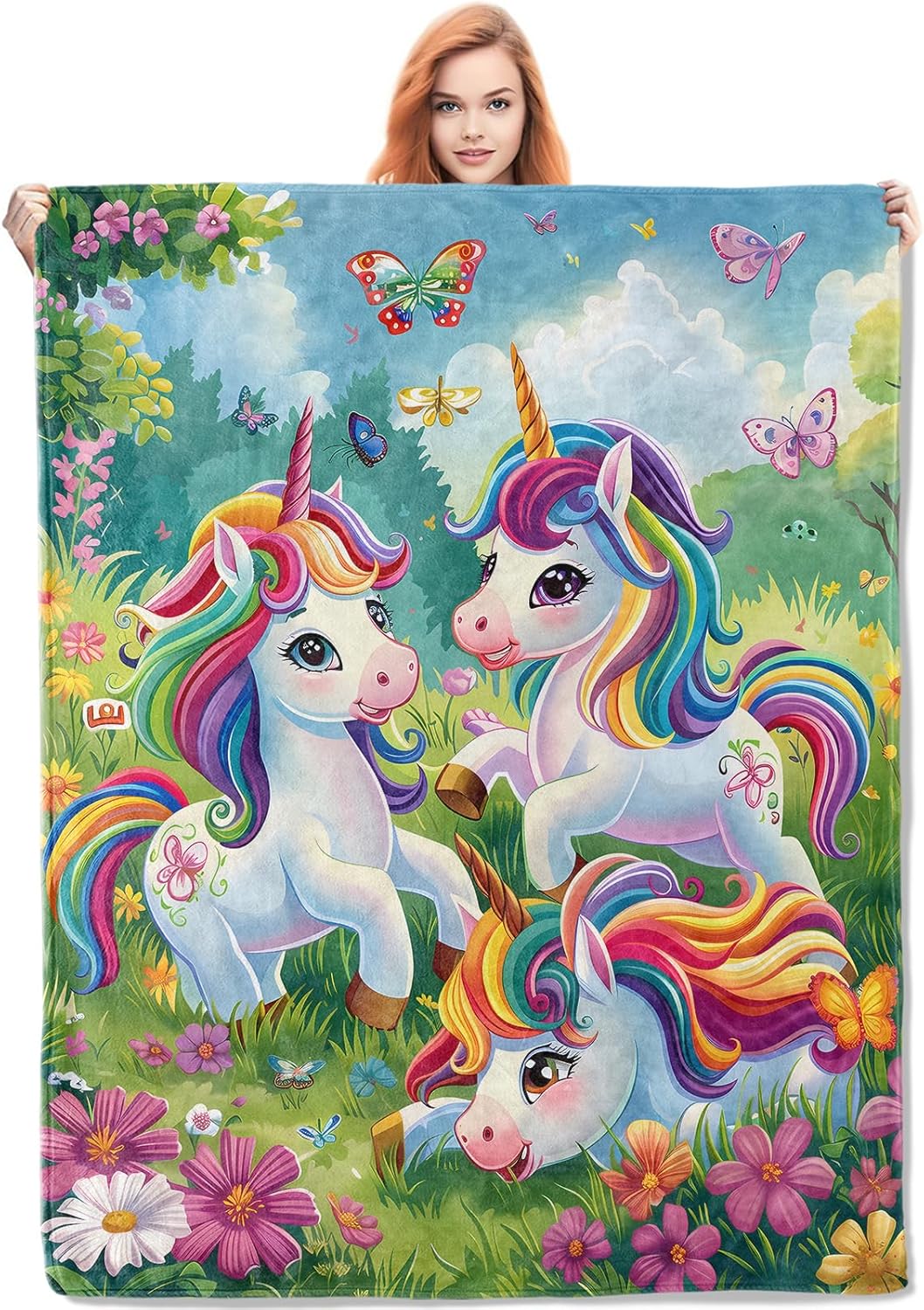 Unicorns Throw Blanket Cute Unicorn Blankets for Kids Room Decor Colorful Unicorns and Butterflies Unicorns Custom blankets 75X95CM