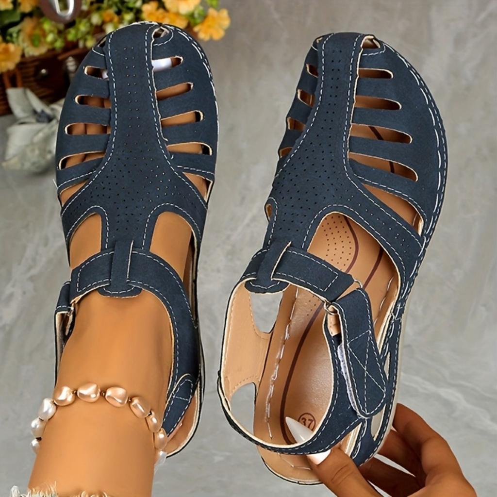 WOMEN'S SOLID COLOR SLOPE HEEL SANDALS WITH TOE STRAP - Comfortable Round Toe Design, Mid-height Heel, Synthetic Overlay Fabric and PU Sole, Sandals