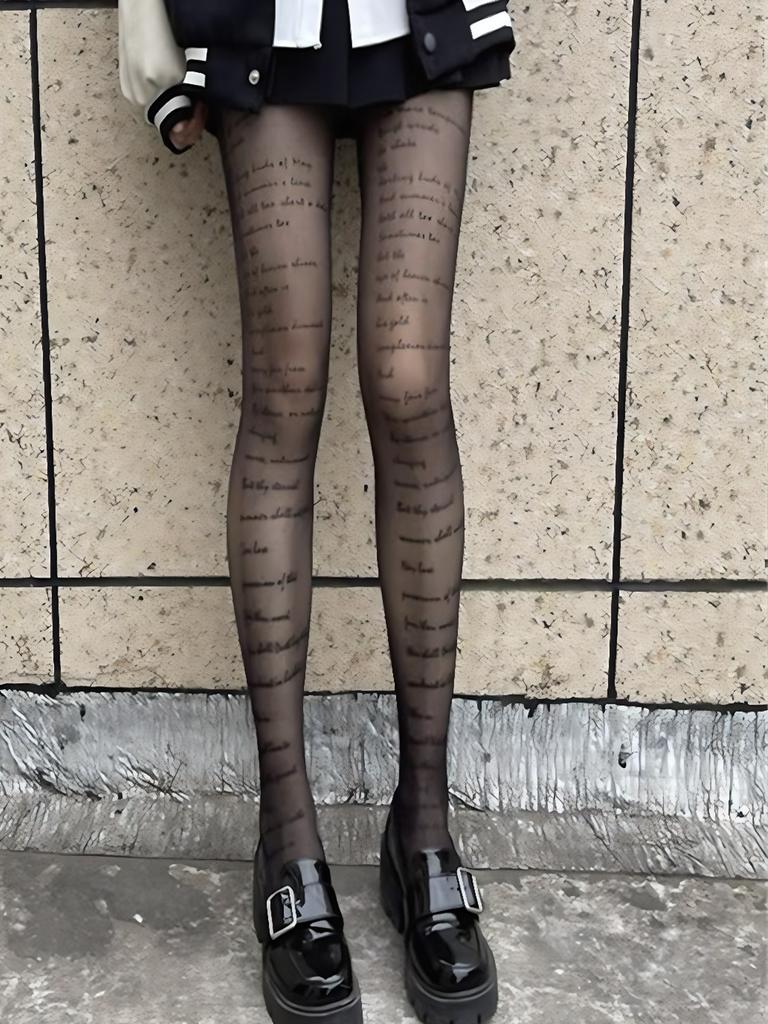 1 Piece Letter Print Black Sheer Pantyhose, Spring Autumn Thin Version For Women, Valentine'S Day Exclusive