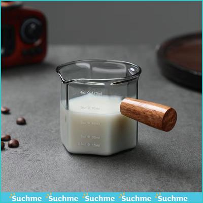 120ml Heat-resisting Glass Espresso Measuring Cup with Scale Single Mouth Milk Jug with Wooden Handle Latte Coffee Mixing Mug