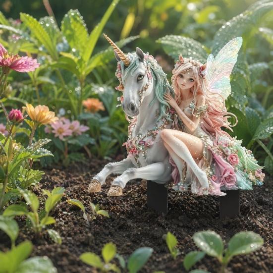 Unicorn Fairy Garden Stake, 2D Acrylic Yard Art Stake, Waterproof Flower Fairy Outdoor Decoration for Lawn Planter Flower Bed