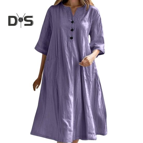 Summer Spring Dress with Pockets Buttoned V Neck Pleated Loose A-line Hem Half Sleeves Solid Color Midi Dress for Daily Wear Party Dating
