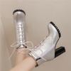 Fashion Fashion Ankle Boots For Women Winter Shoes Block High Heels Lace-up Women's Short Boot Black White Silver Large size 45 46 47 48