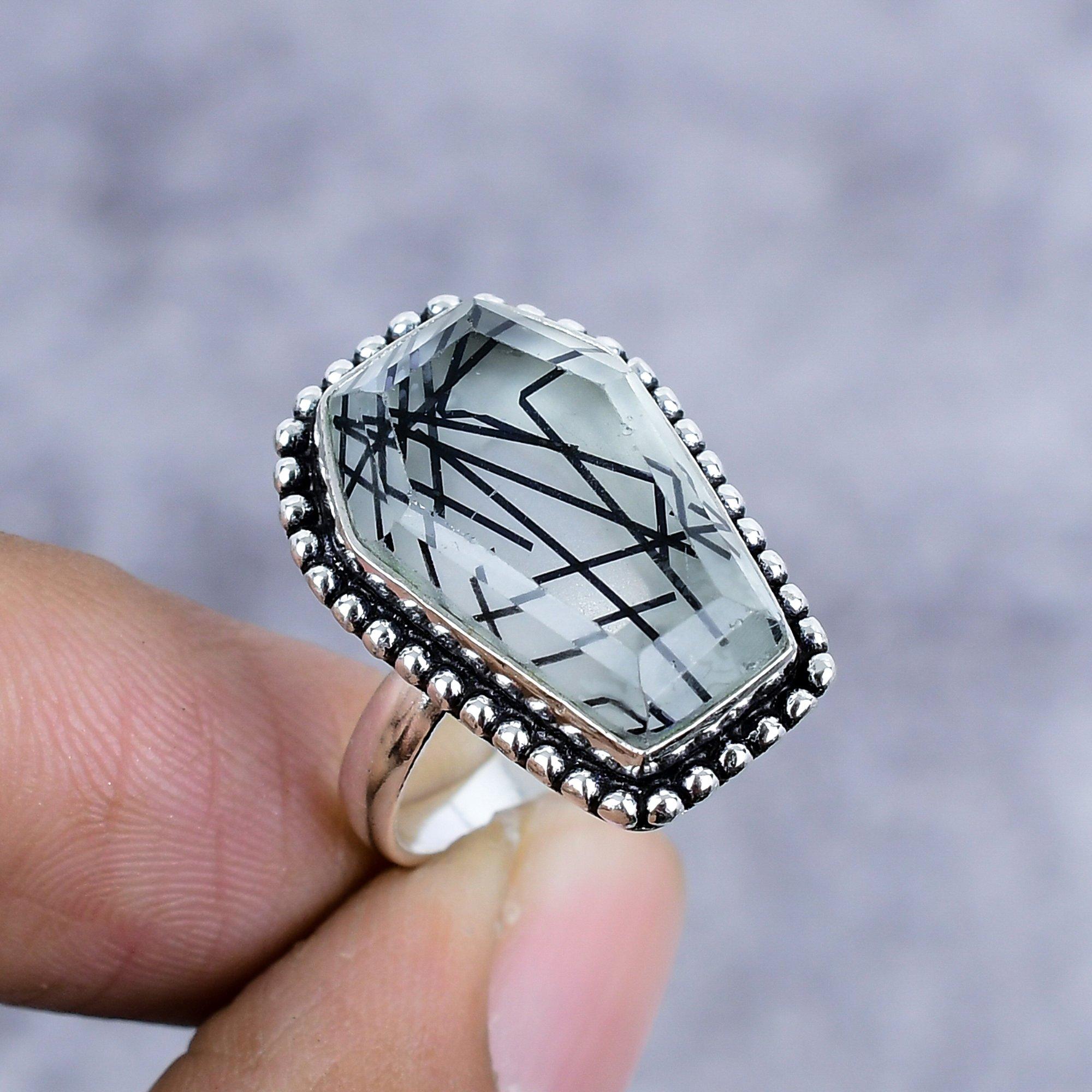

Black Rutile Gemstone Handmade 925 Sterling Silver Jewelry Ring Size 8 M-2612