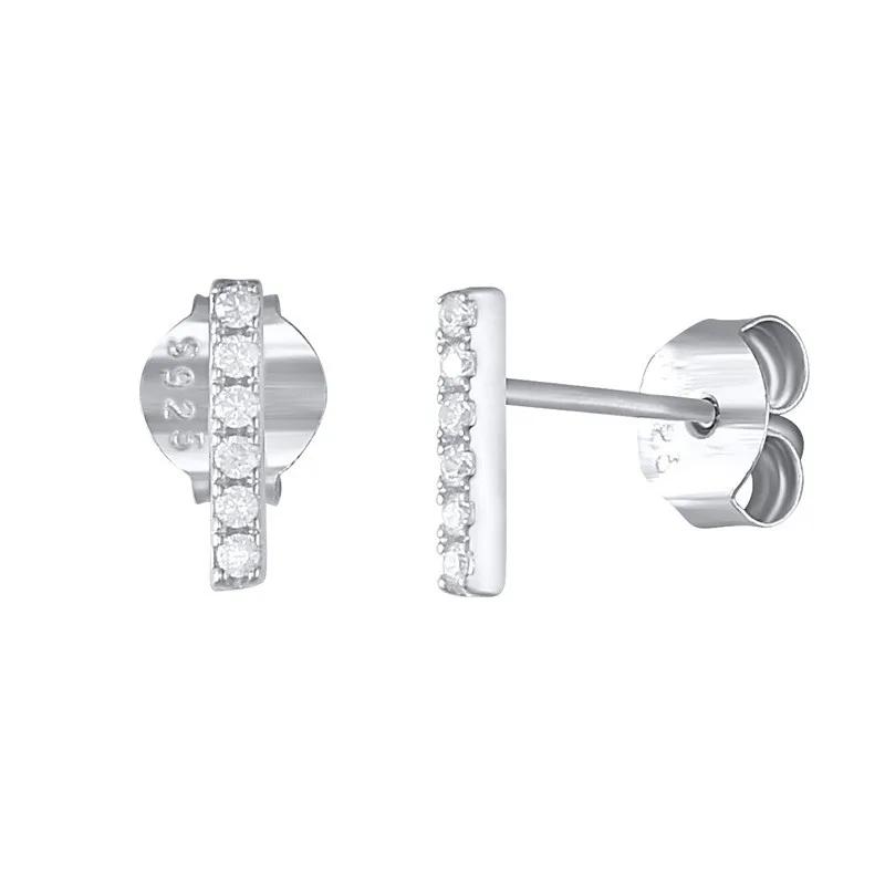 Fenny Fashion 925 Sterling Silver Versatile Diamond Pave Bar Piercing Stud Earring for Women Europe and America Hot Sell Jewelry