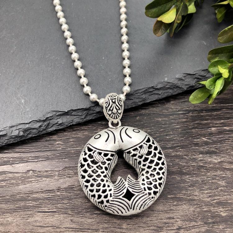 Vintage Thai silver long necklace flower pendant simple long sweater chain accessories women