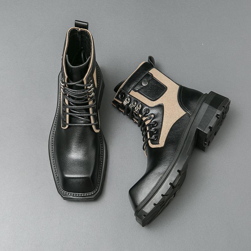 Fashion New Fashion Men's Square-Toe Leather Combat Boots Man Lace-up Motorcycle Boots Dress Shoes Luxury Thick Soled Boots Cowboy Boots