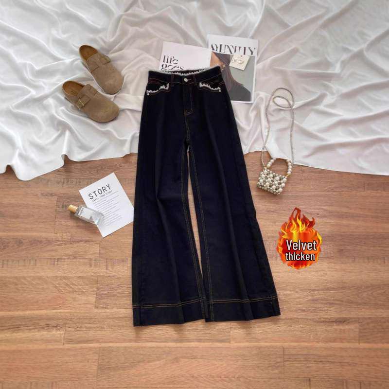 

High-Waisted Black Lace Flare Denim Pants - Thick, Velvet, and Loose-Fitting for Spring and Summer XS
